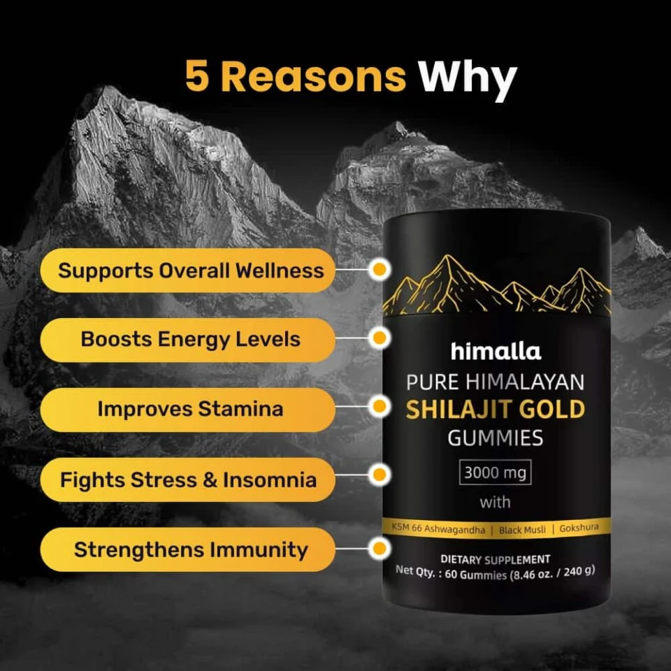 Himalla marketing graphic headed 5 Reasons Why, listing supports overall wellness, boosts energy levels, improves stamina, fights stress and insomnia, and strengthens immunity, beside the product bottle on a Himalayan mountain background