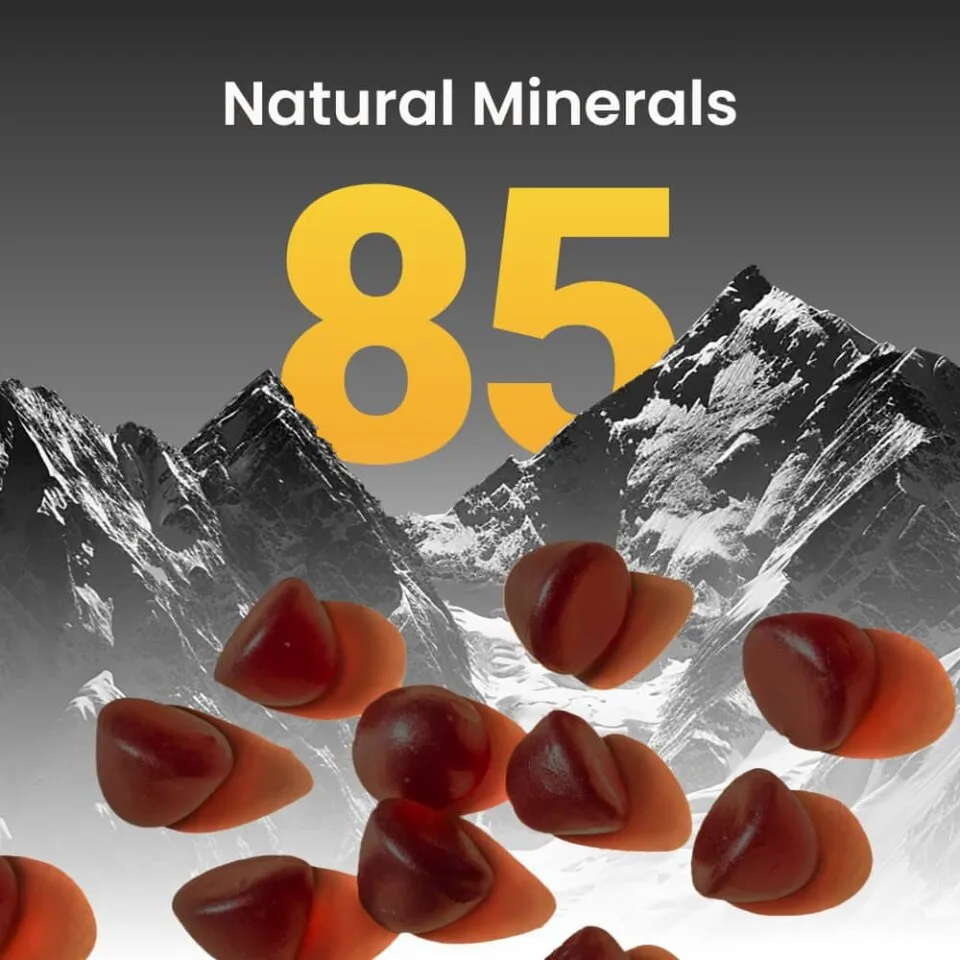 Hand holding two dark red Himalla shilajit gummies against a Himalayan mountain backdrop, with the brand marketing text 3000mg Shilajit Daily