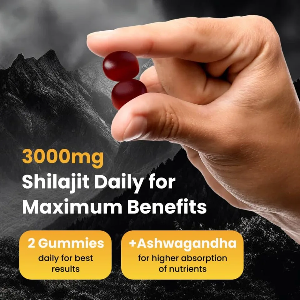 Close-up of amber Himalla shilajit gummies beside the black product bottle