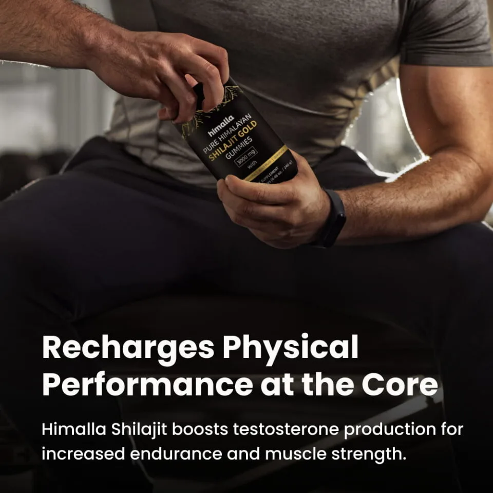 Himalla marketing image of a man in a gym holding the product bottle, captioned Recharges Physical Performance at the Core, with body text claiming the shilajit boosts testosterone production for endurance and muscle strength