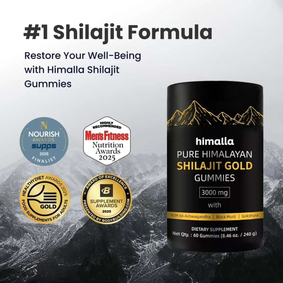 Himalla Pure Himalayan Shilajit Gold Gummies black bottle labeled 3000 mg with KSM 66 Ashwagandha, Black Musli and Gokshura, shown against a Himalayan mountain background