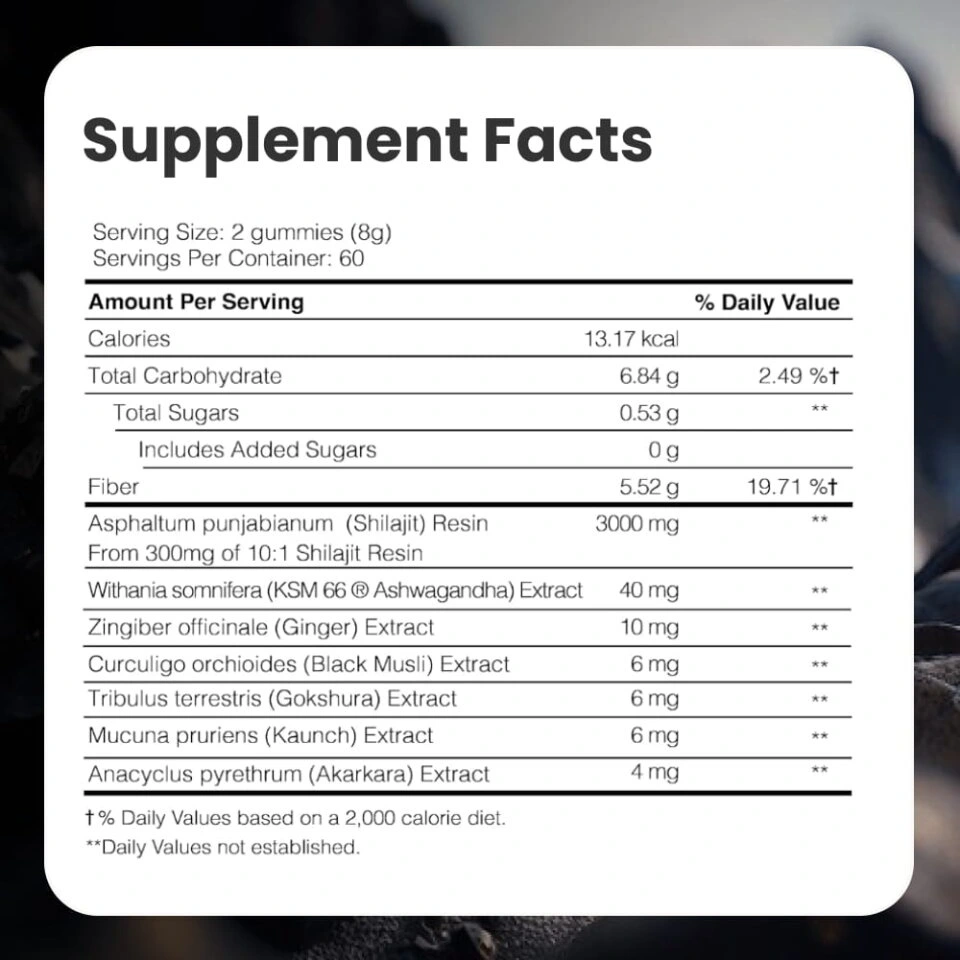 Himalla Shilajit Gummies Supplement Facts panel listing serving size 2 gummies, 3000 mg shilajit resin from 300 mg of 10 to 1 extract, and 40 mg KSM-66 ashwagandha